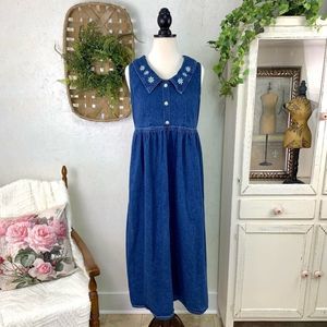 Faded Glory Vintage Floral Embroidered Denim Midi Dress